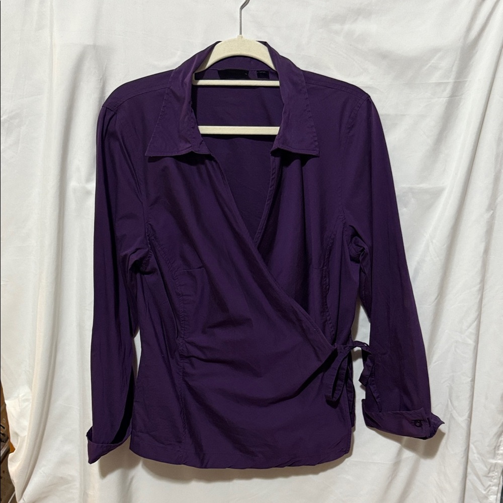 Avenue Women’s 14/16 Purple Wrap Front Blouse Side Tie 3/4 Sleeve Stretch